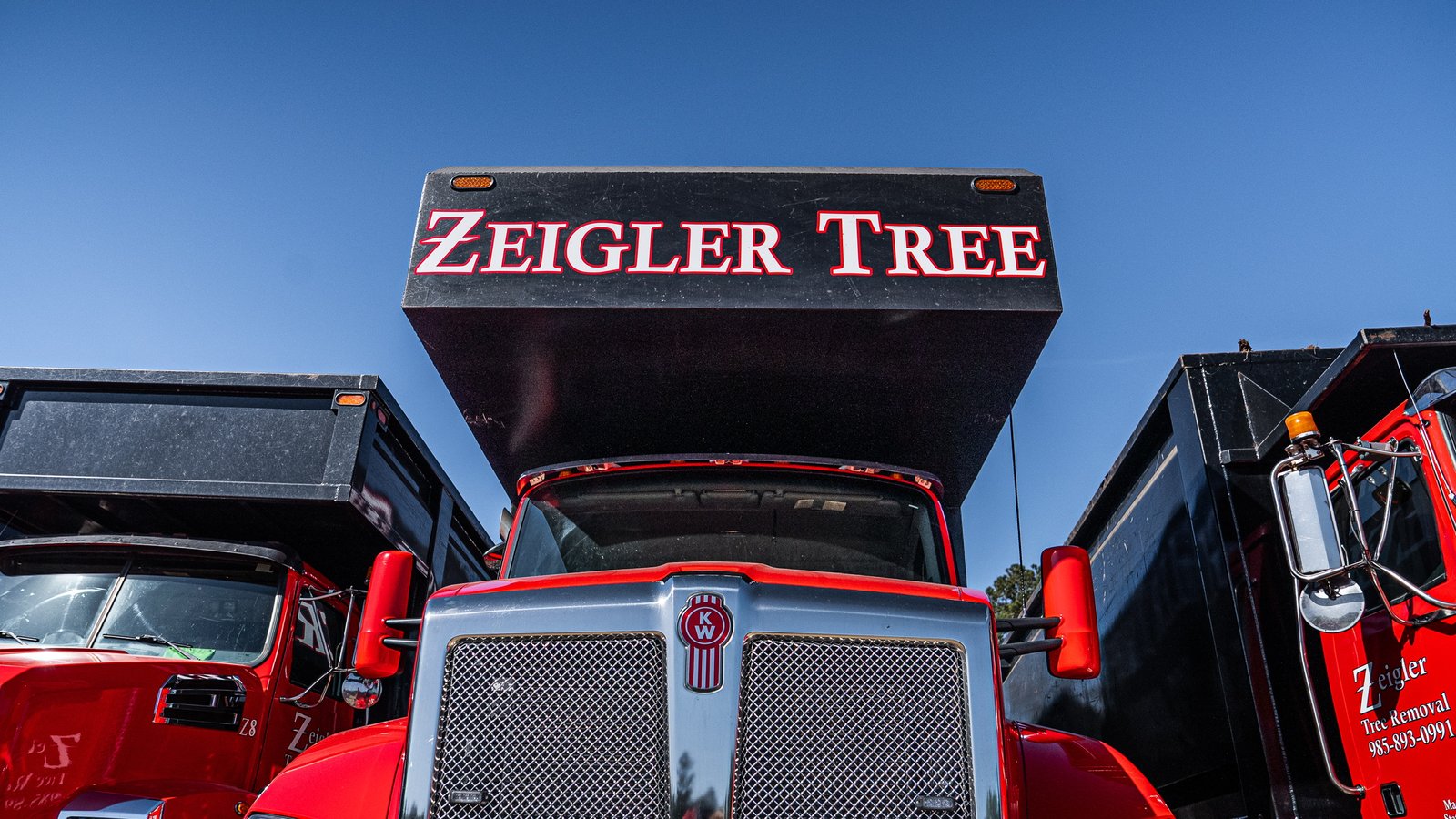 Close-up of the Zeigler Tree logo on a fleet truck grille