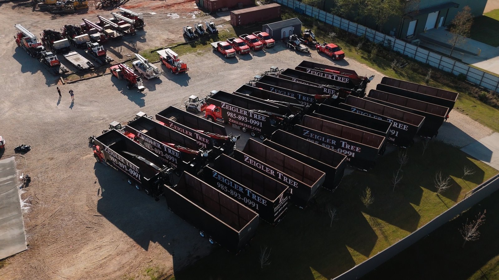 Aerial view of the Zeigler Tree equipment yard and fleet